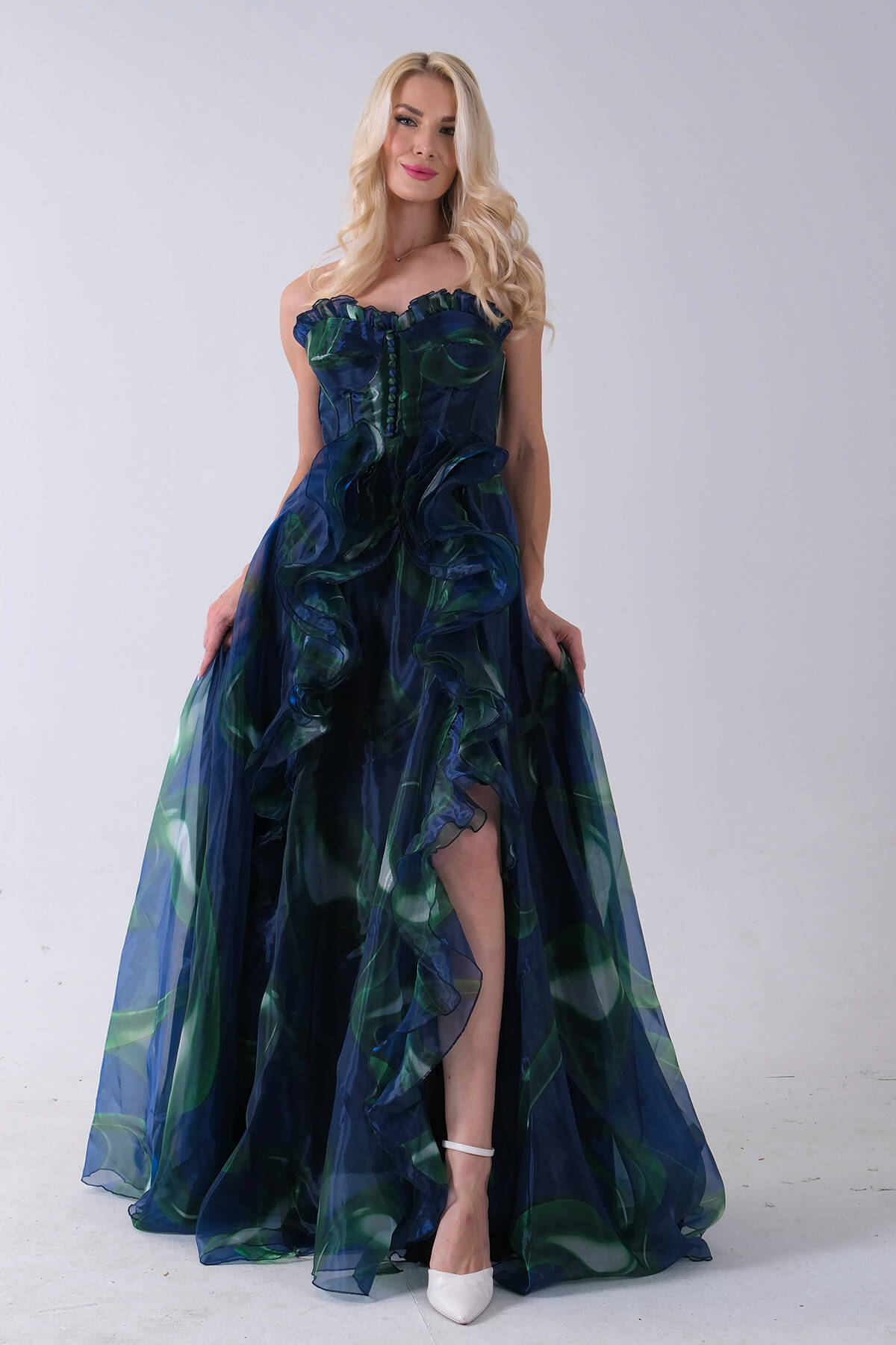 Lacivert Straplez Yaka Önü Düğme Detaylı Desenli Fırfırlı Abiye 9705680.02 - Ardanewline