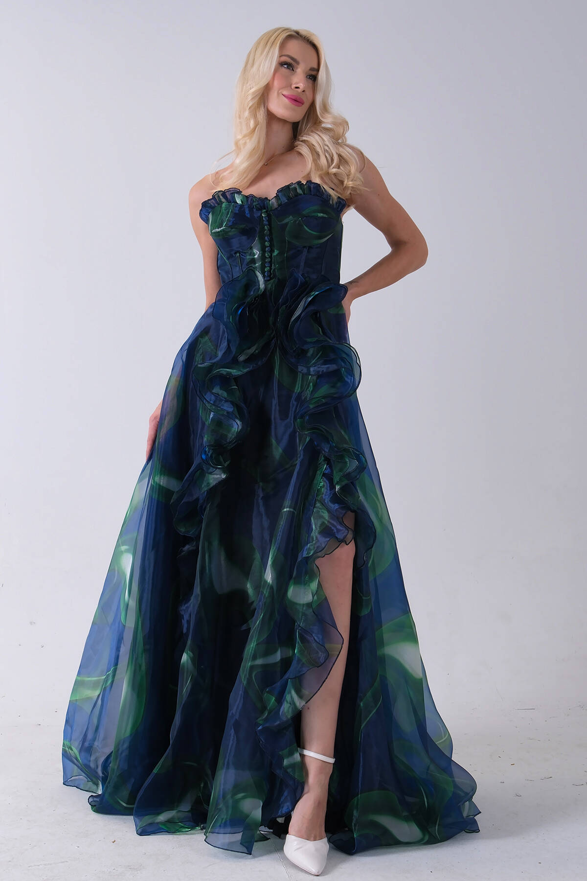 Lacivert Straplez Yaka Önü Düğme Detaylı Desenli Fırfırlı Abiye 9705680.02 - Ardanewline (1)