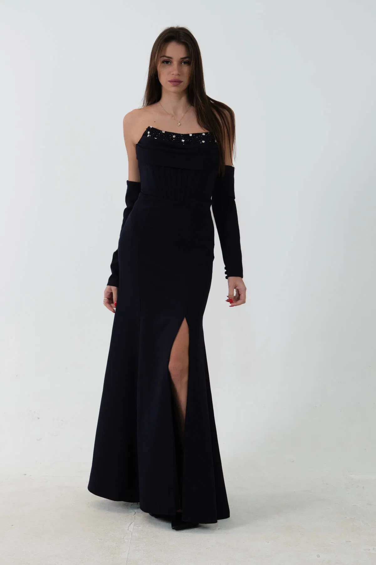 Lacivert Takma Kol Önü Drapeli Taş Detaylı Yırtmaçlı Abiye 0801146.02 - Ardanewline