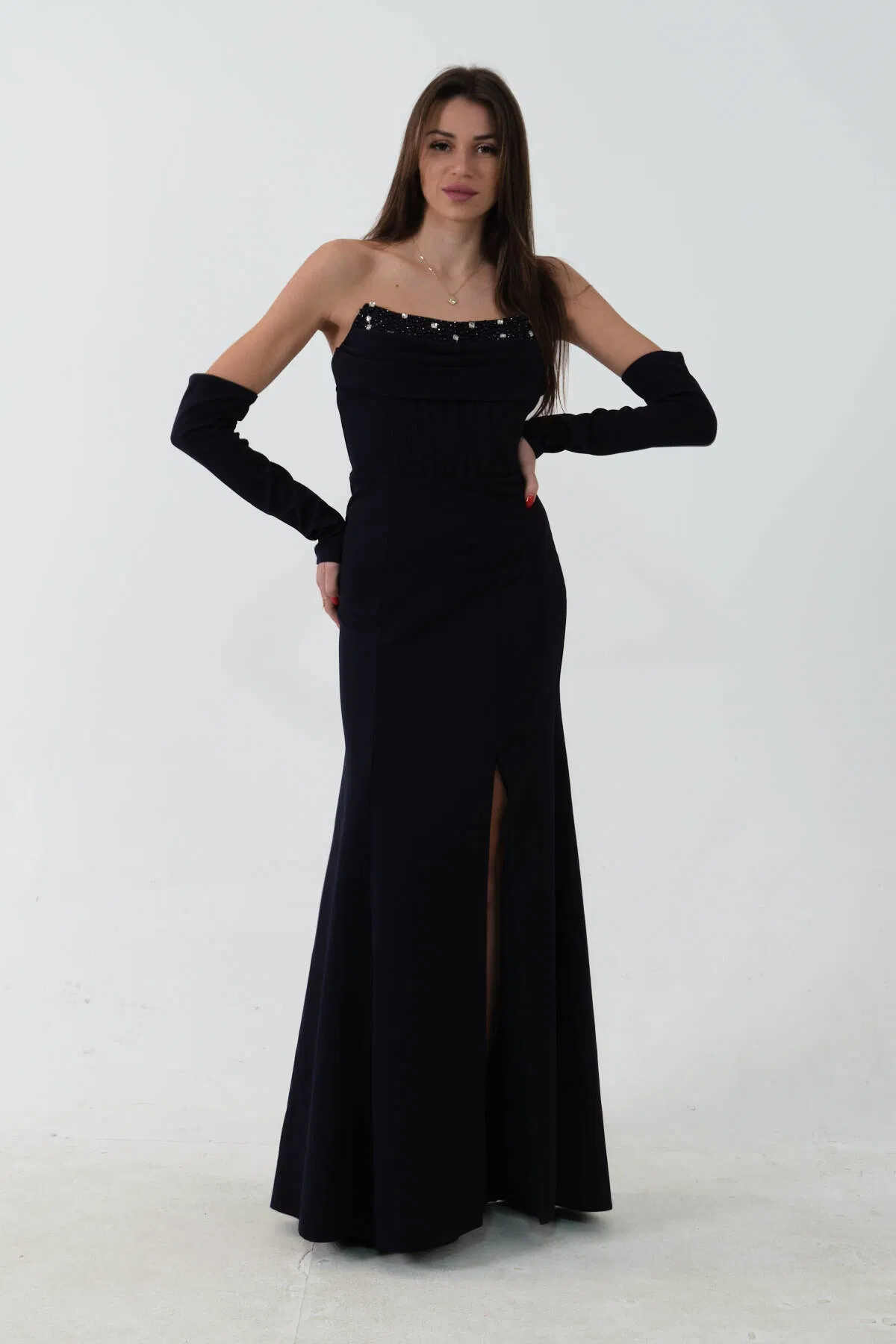 Lacivert Takma Kol Önü Drapeli Taş Detaylı Yırtmaçlı Abiye 0801146.02 - Ardanewline (1)