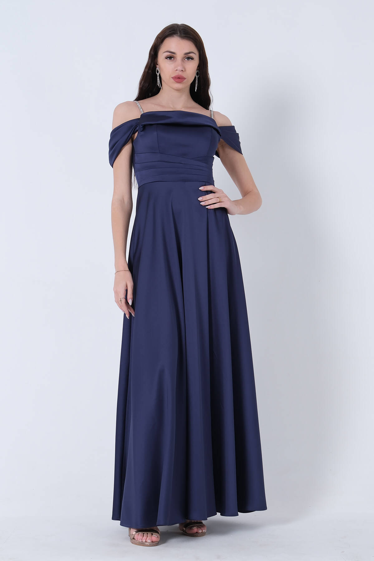 Lacivert Taş Askılı Düşük Kol Saten Abiye 0806118.02 - Ardanewline (1)