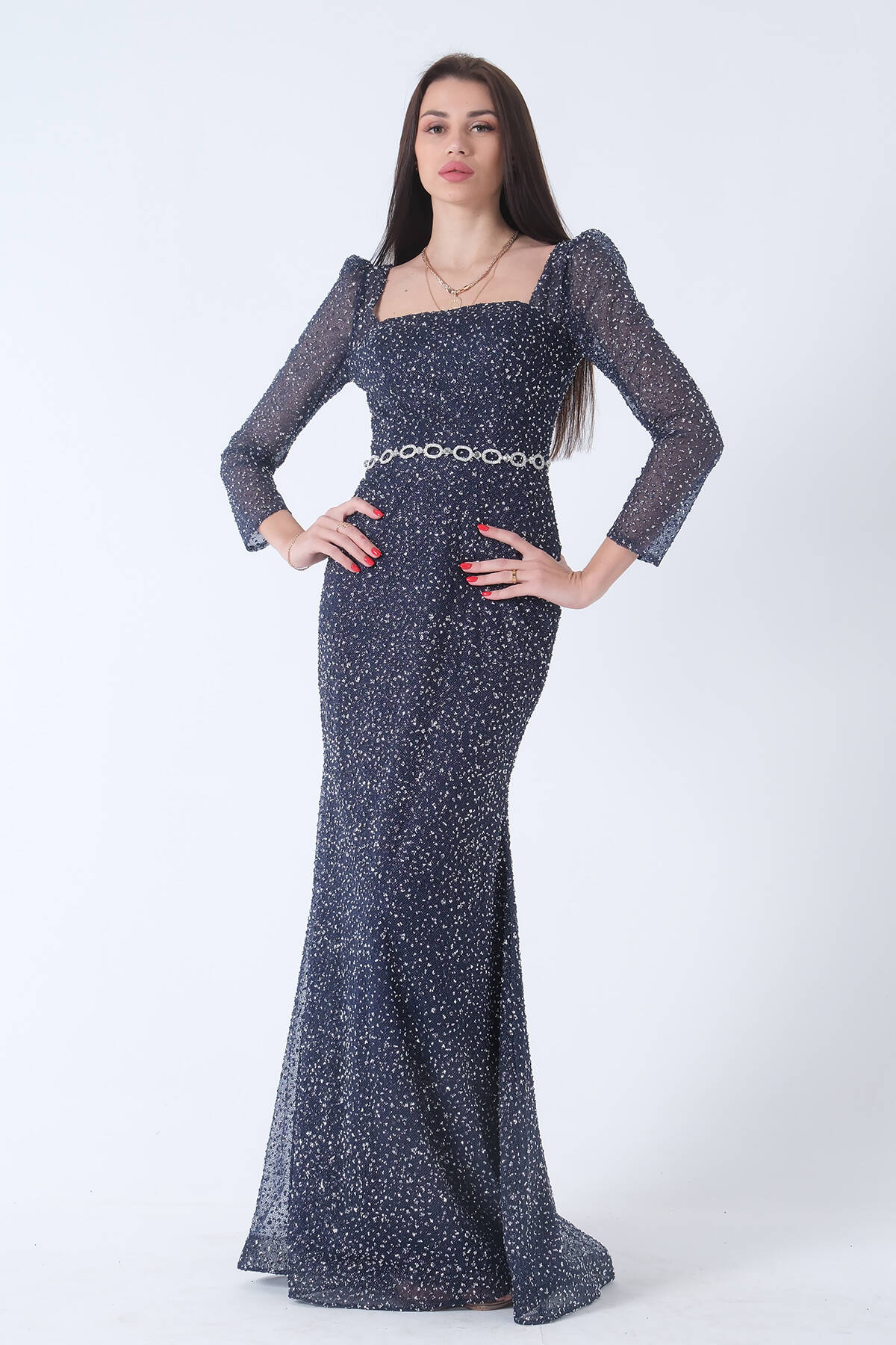Lacivert Taş İşlemeli Balık Abiye Elbise 9705141.02 - Ardanewline