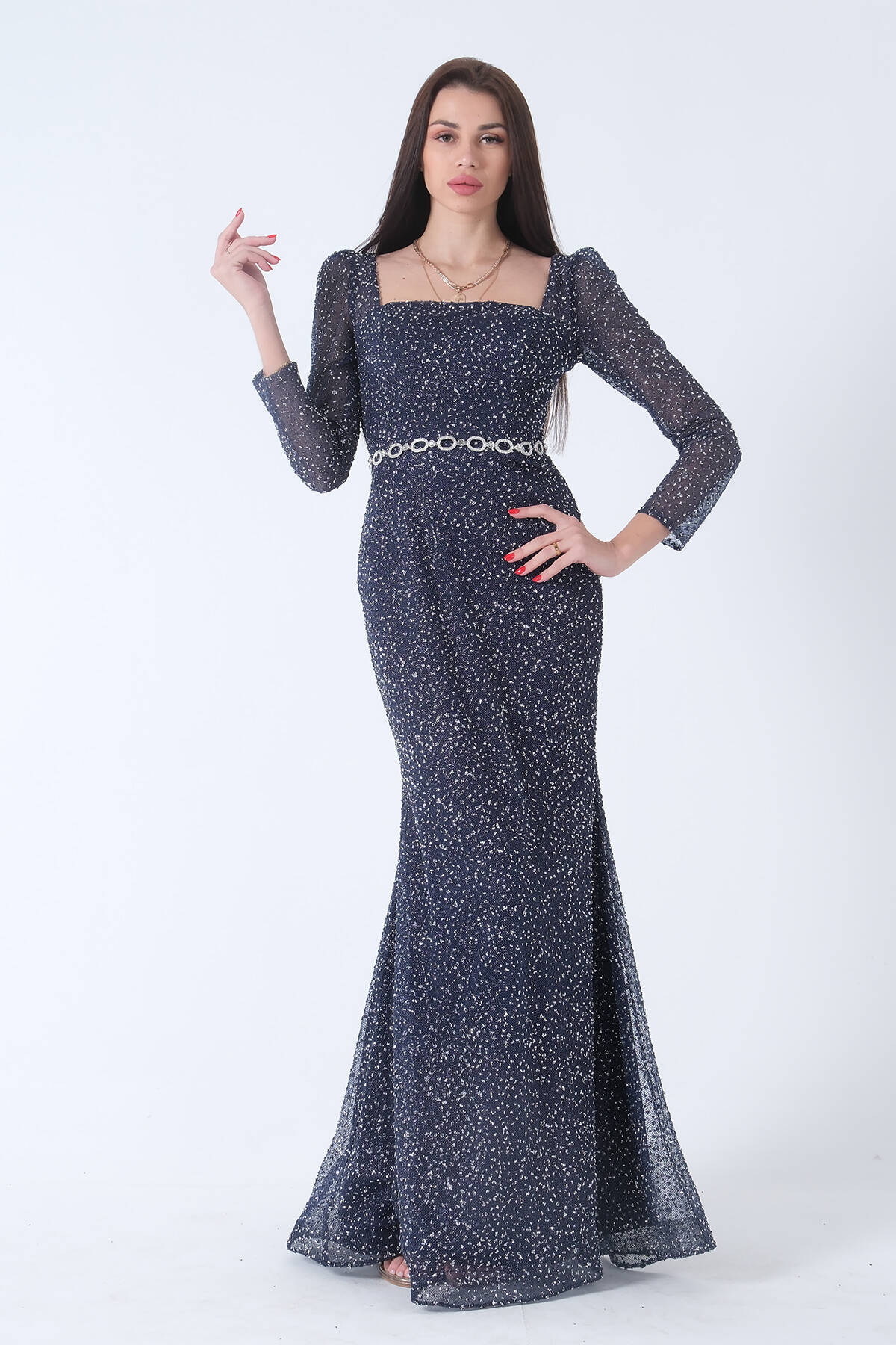 Lacivert Taş İşlemeli Balık Abiye Elbise 9705141.02 - Ardanewline (1)