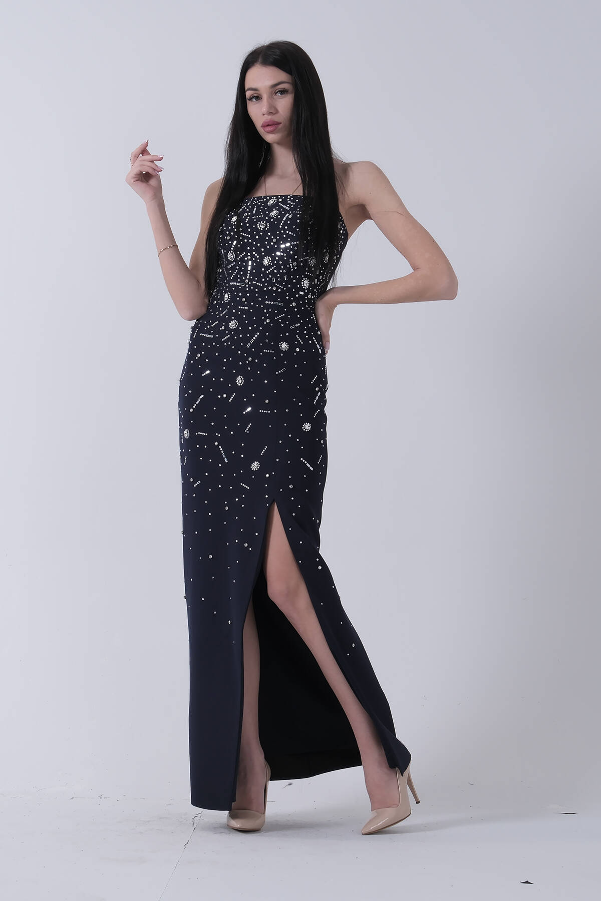 Lacivert Taş İşlemeli Straplez Yırtmaçlı Abiye 0801045.02 - Ardanewline