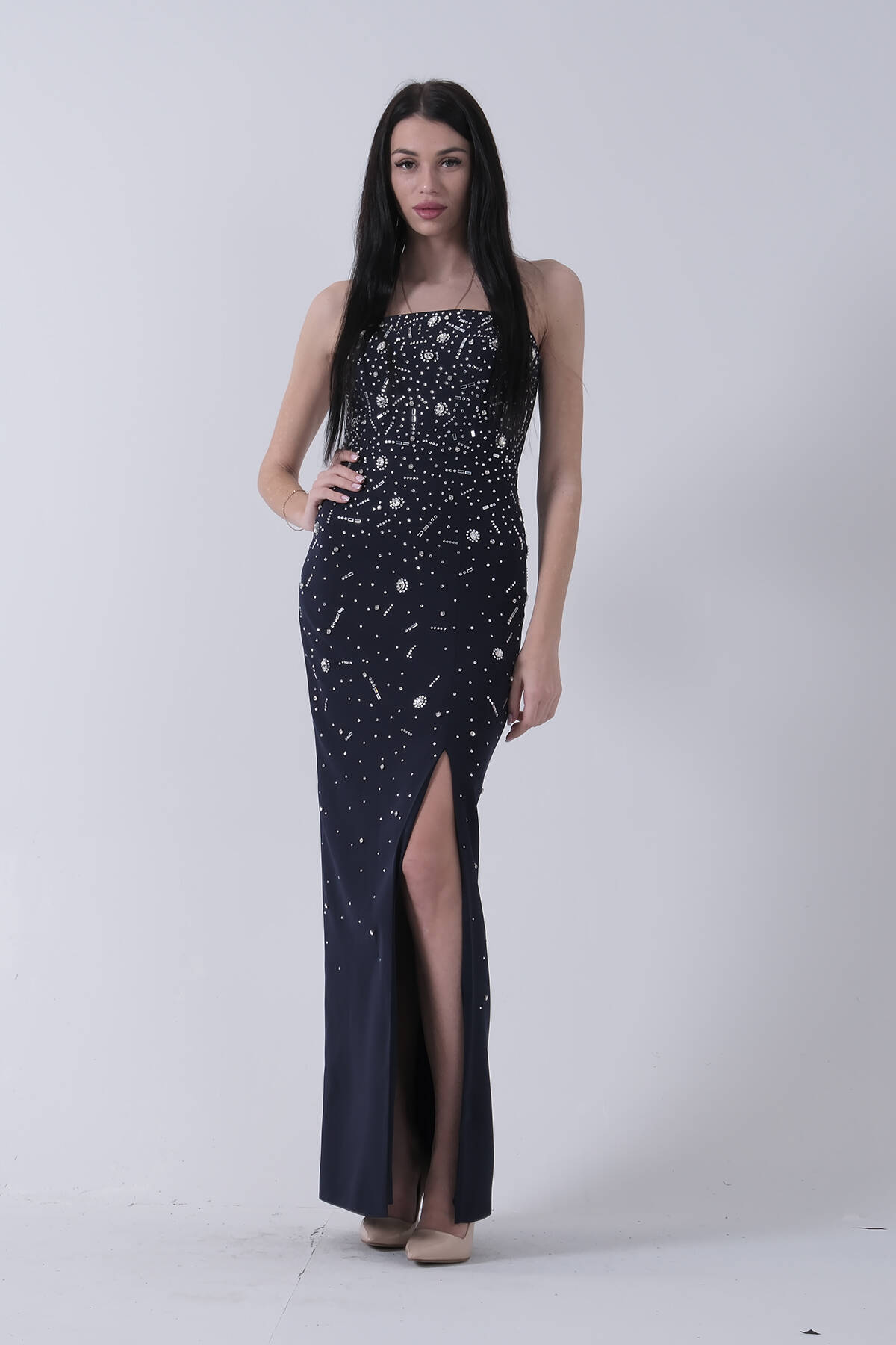 Lacivert Taş İşlemeli Straplez Yırtmaçlı Abiye 0801045.02 - Ardanewline (1)