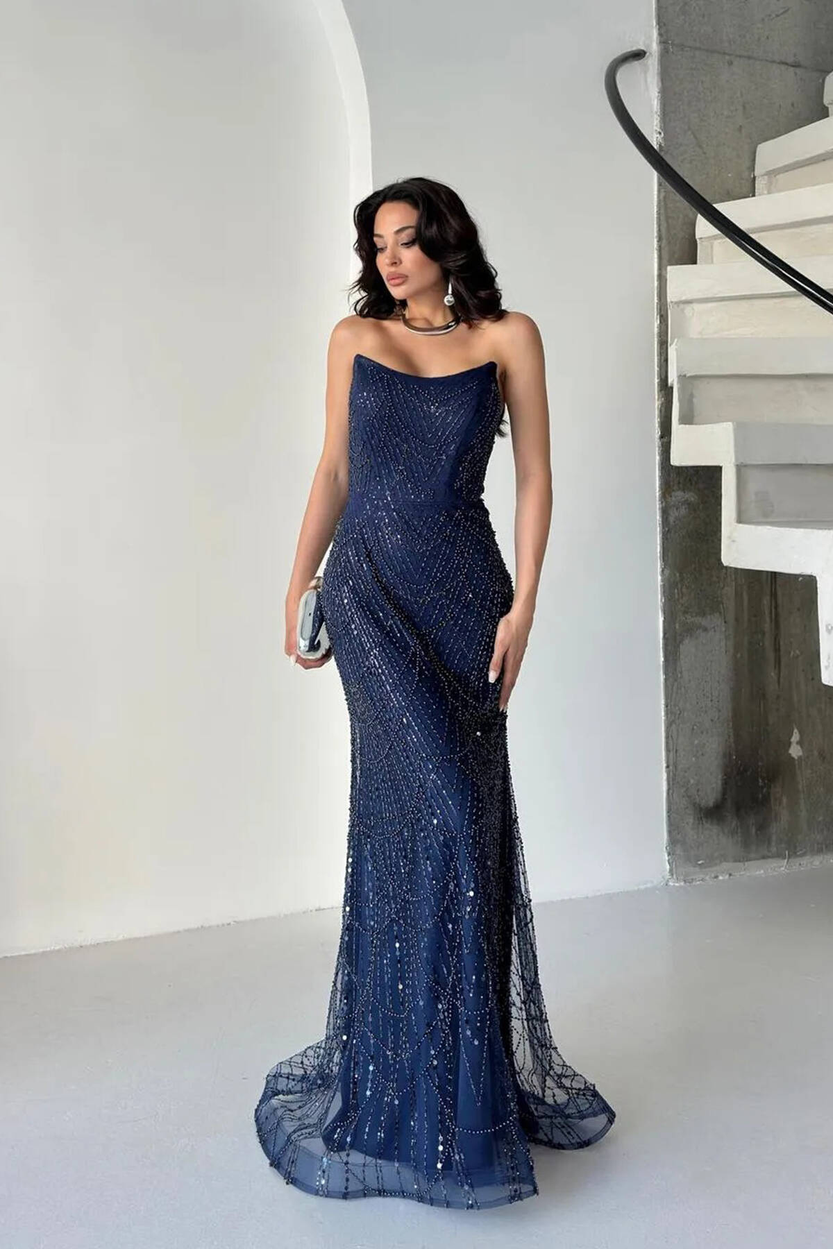 Lacivert Taş İşlemeli Uzun Balık Abiye 0801056.02 - Ardanewline (1)