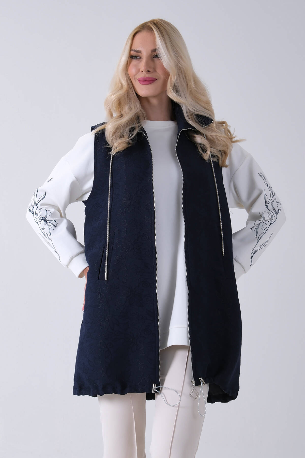 Lacivert Tunik Kolu Çiçek Desenli Yelekli 2'li Takım 940120274.02 - Ardanewline