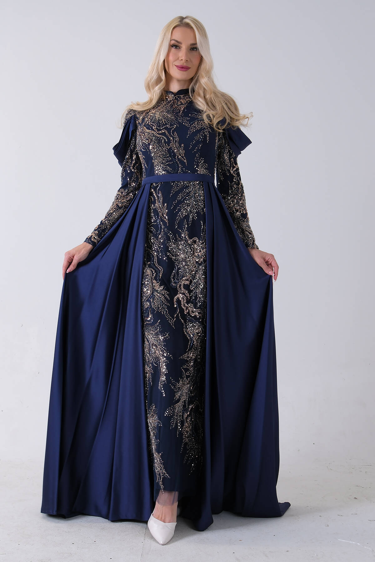 Lacivert Üzeri Taş İşlemeli Bisiklet Yaka Tesettür Elbise 6502502.02 - Ardanewline (1)