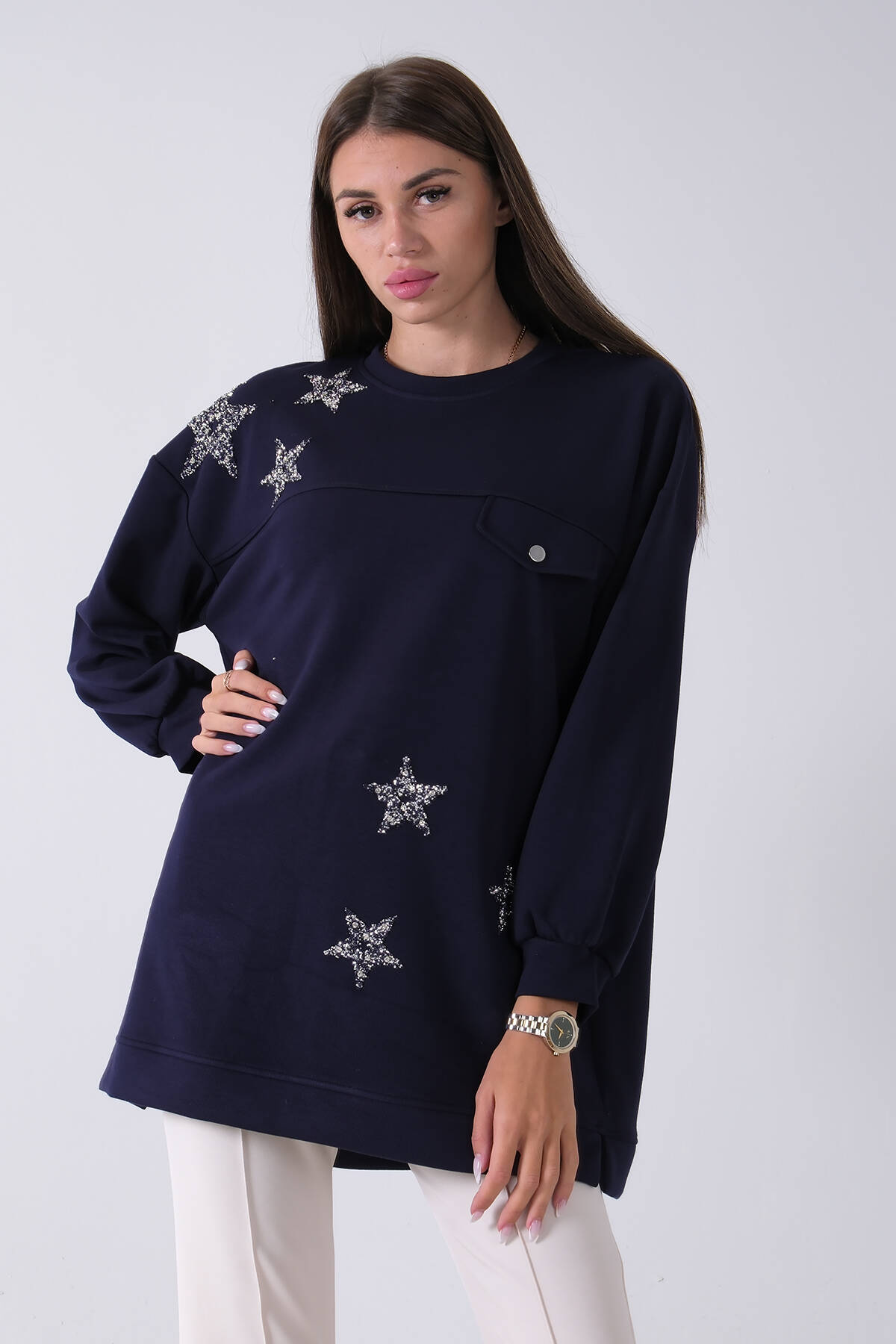 Lacivert Üzeri Yıldız Desenli Taş İşlemeli Cep Görünümülü Tunik 940170258.02 - Ardanewline