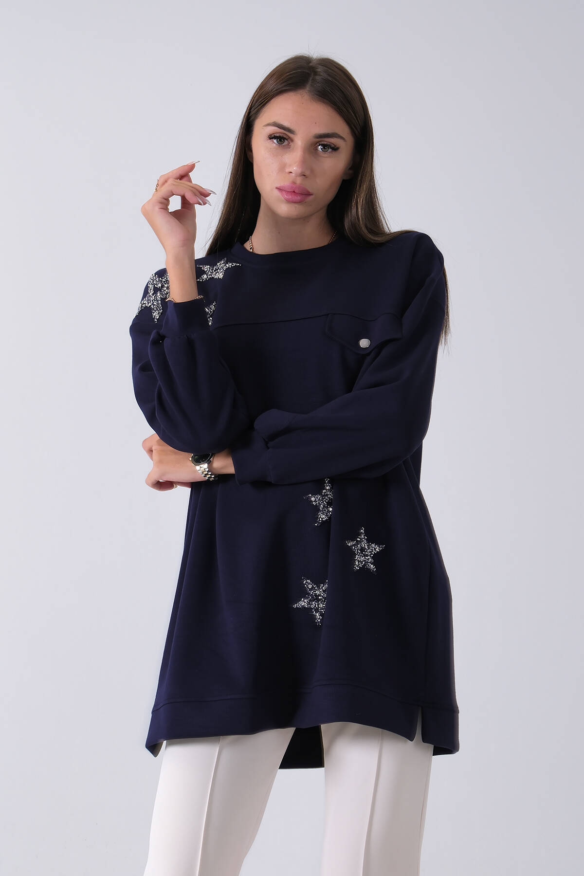 Lacivert Üzeri Yıldız Desenli Taş İşlemeli Cep Görünümülü Tunik 940170258.02 - Ardanewline (1)