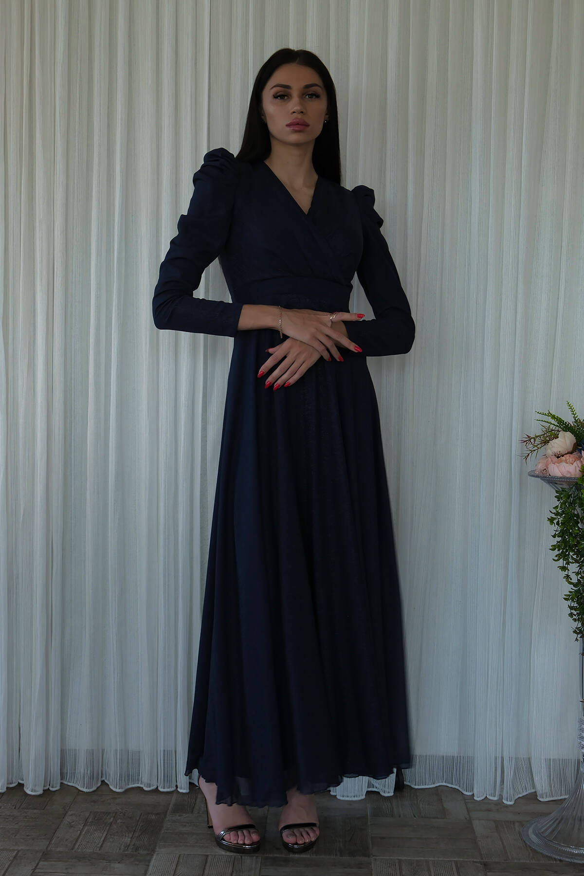 Lacivert V Yaka Parıltılı Uzun Kollu Abiye 6502514.02 - Ardanewline