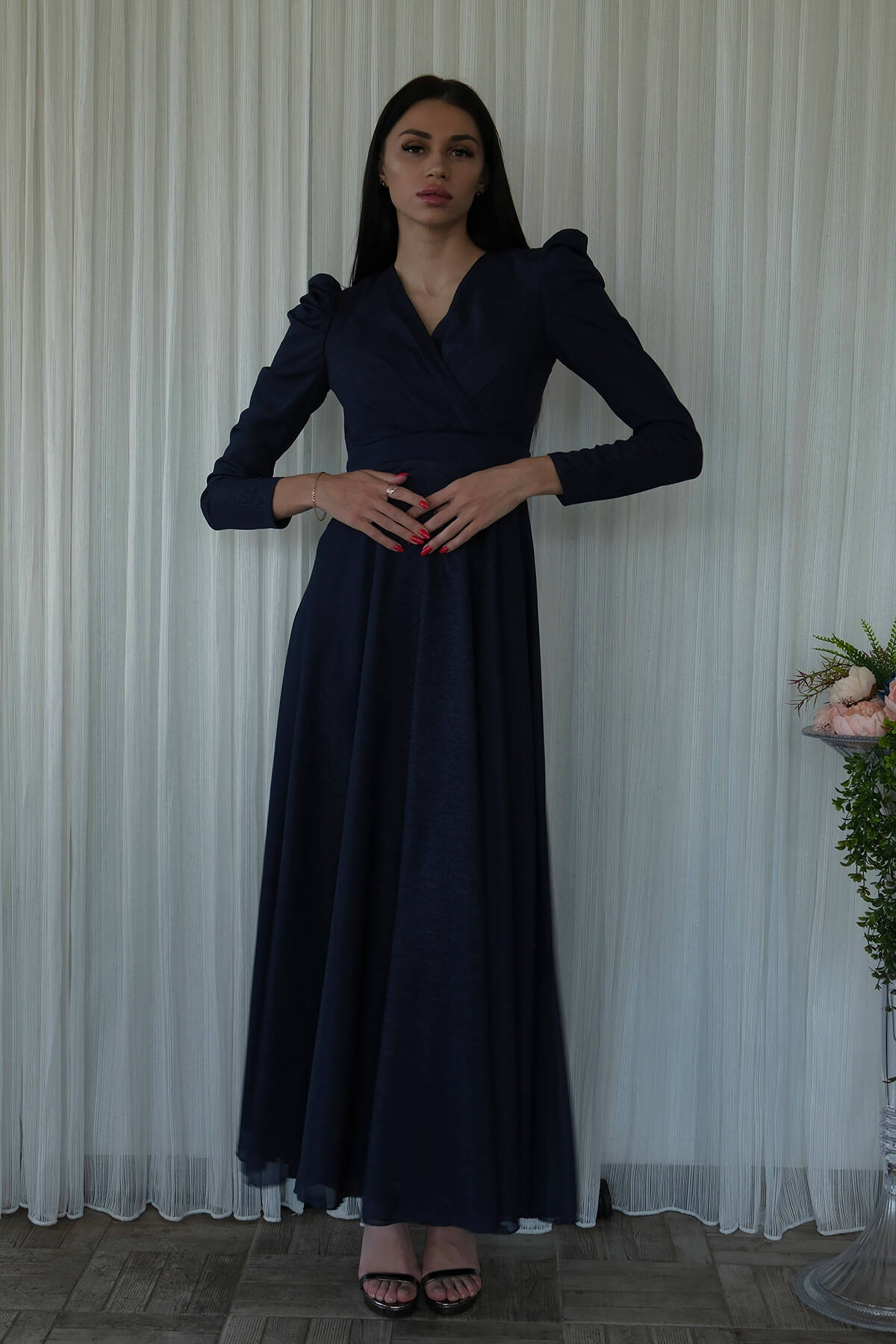 Lacivert V Yaka Parıltılı Uzun Kollu Abiye 6502514.02 - Ardanewline (1)