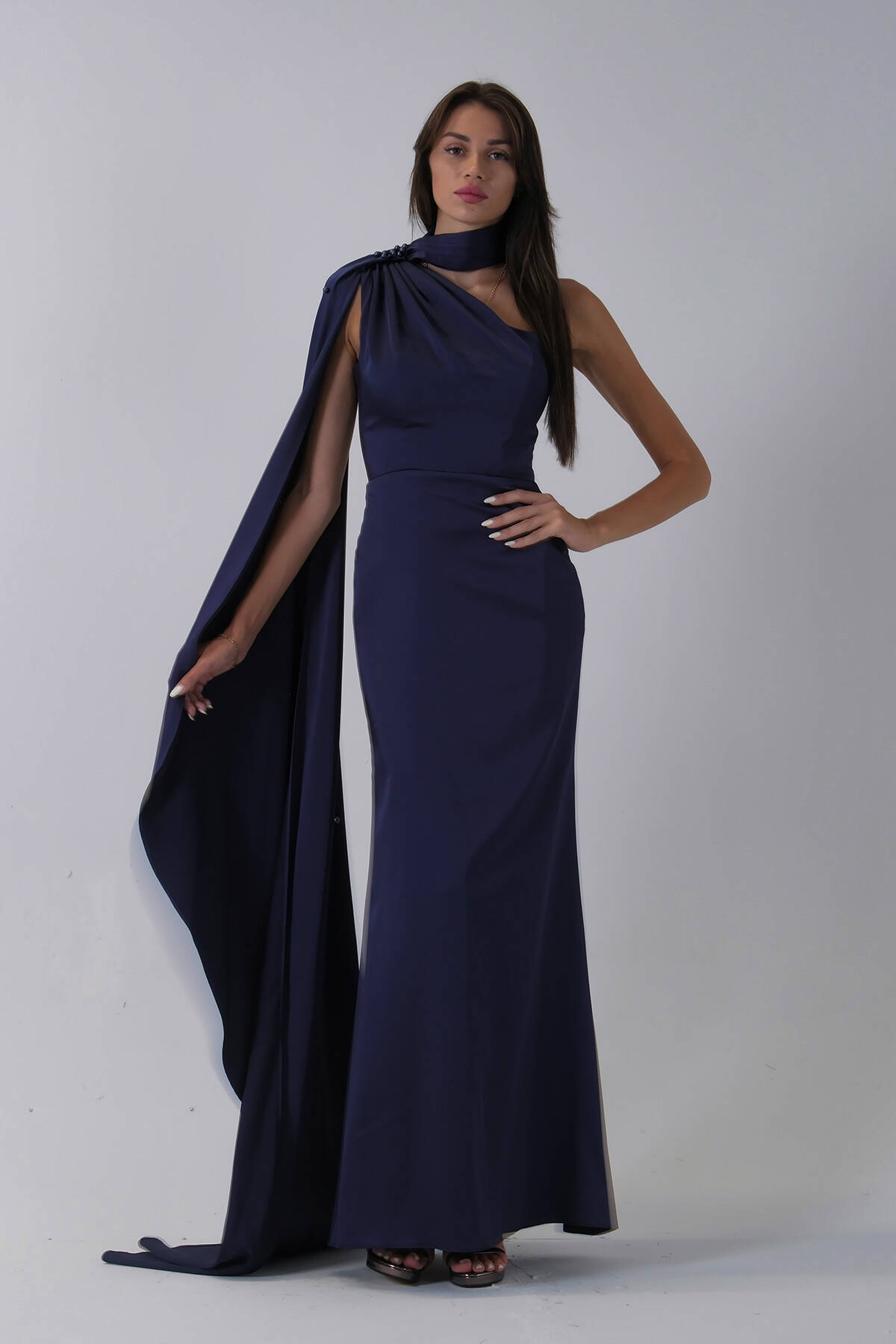 Lacivert Yaka Kuşak Detaylı Tek Omuz Abiye 0801099.02 - Ardanewline (1)