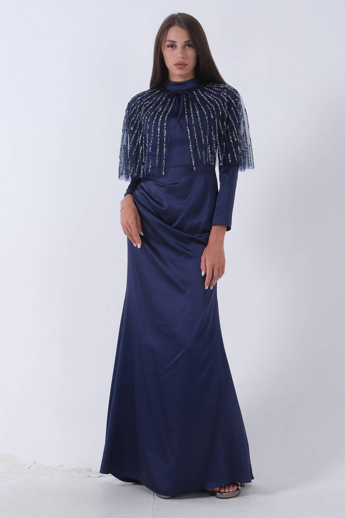 Lacivert Yaka Seyyar Şal Ayrobin Eklemeli Tesettür Abiye 6502477.02 - Ardanewline (1)