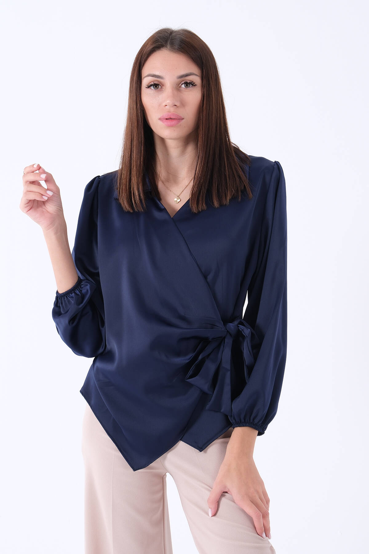 Lacivert Yandan Bağlamalı Şifon Bluz 41620062.02 - ArdaNewline