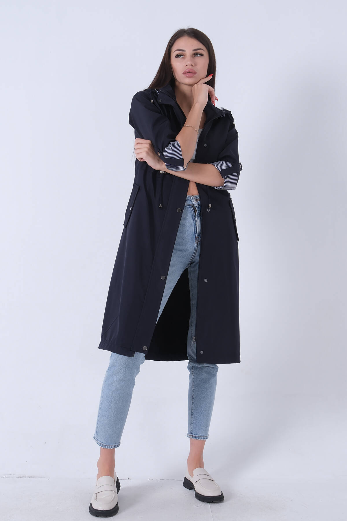 Lacivert Yandan Cepli Bel Bağlama Detaylı Kapüşonlu Trençkot 44510343.02 - Ardanewline