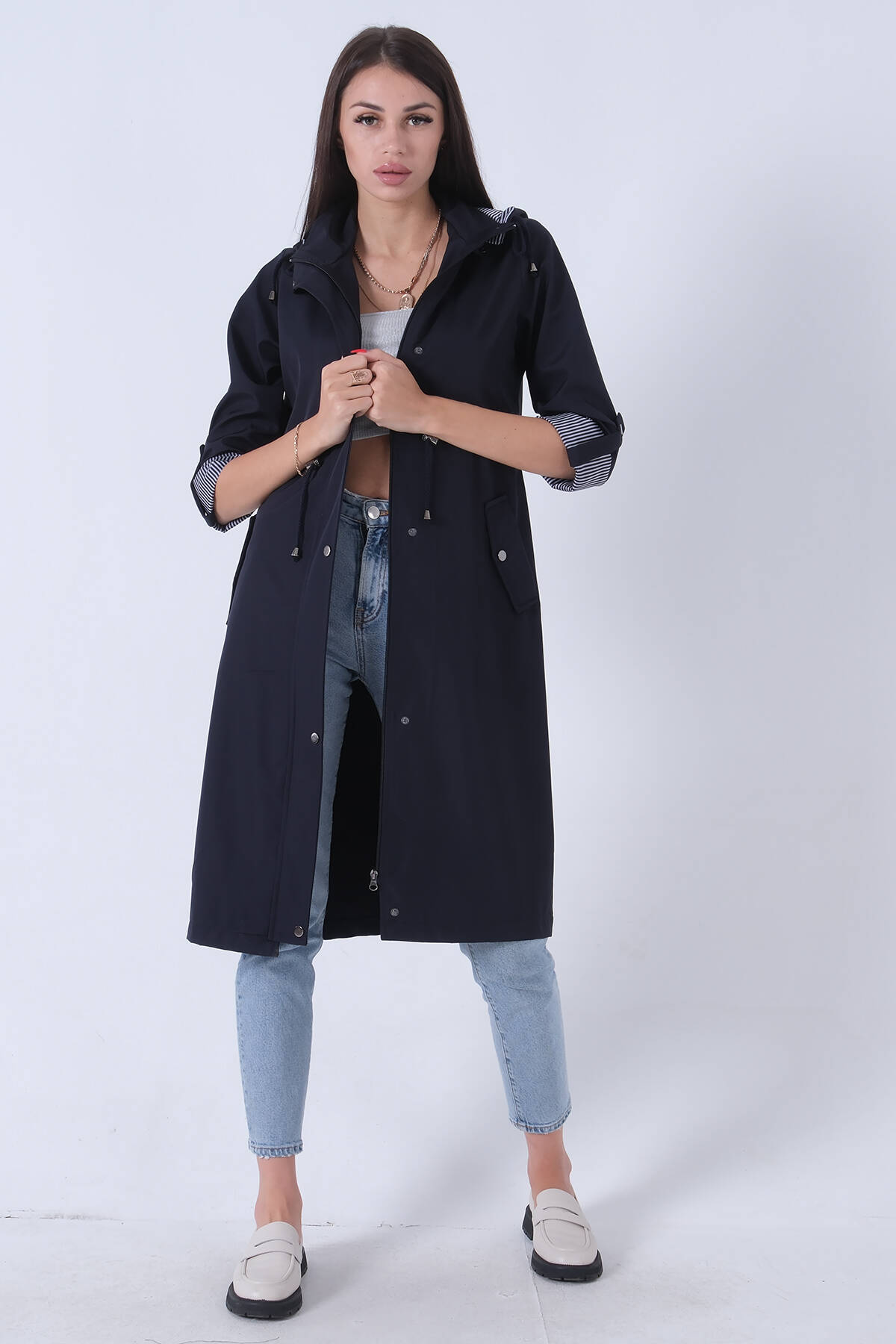 Lacivert Yandan Cepli Bel Bağlama Detaylı Kapüşonlu Trençkot 44510343.02 - Ardanewline (1)
