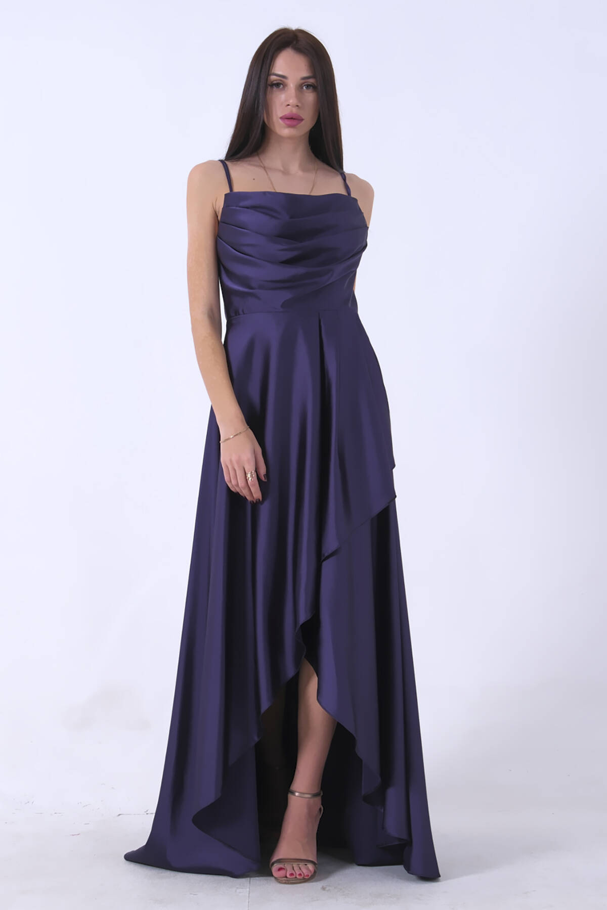 Lacivert Yırtmaç Detaylı Saten Abiye Elbise 4522348.02 - Ardanewline