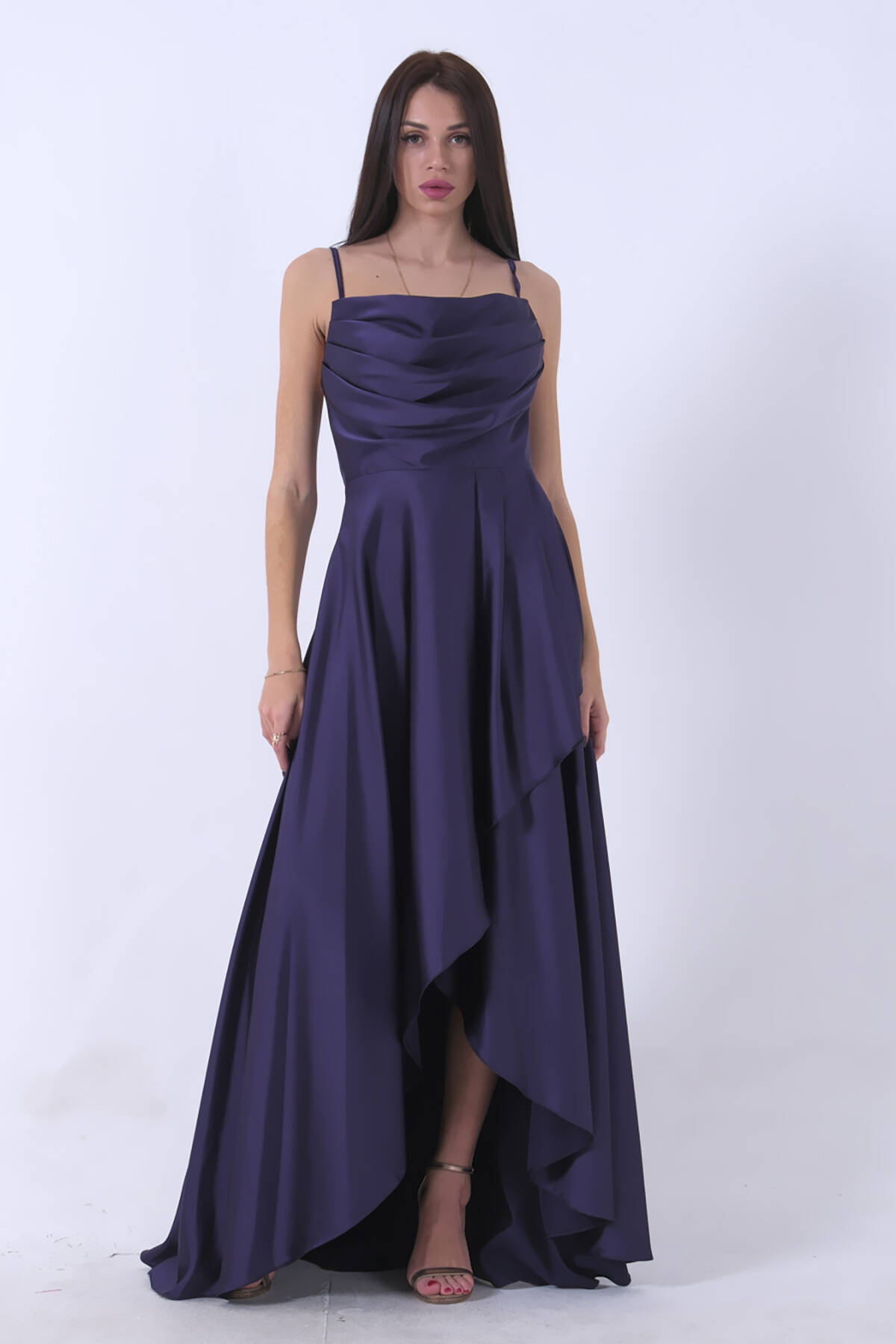 Lacivert Yırtmaç Detaylı Saten Abiye Elbise 4522348.02 - Ardanewline (1)