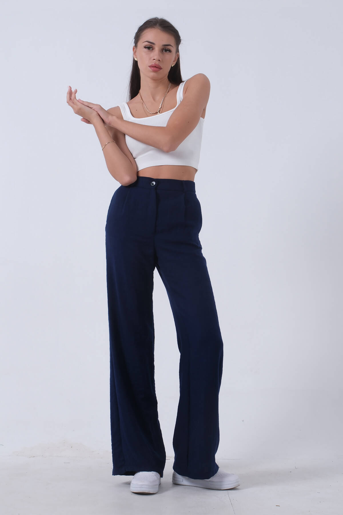 Lacivert Yüksek Bel Bol Paça Keten Pantolon 01020661.02 - Ardanewline