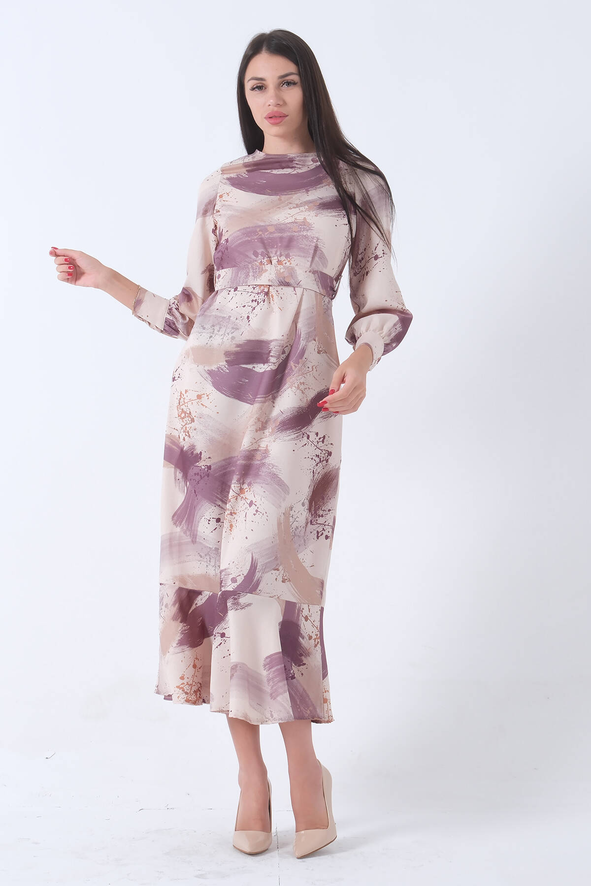 Lavanta Fırça Darbesi Desenli Modern Şık Elbise 0807769.333 - Ardanewline