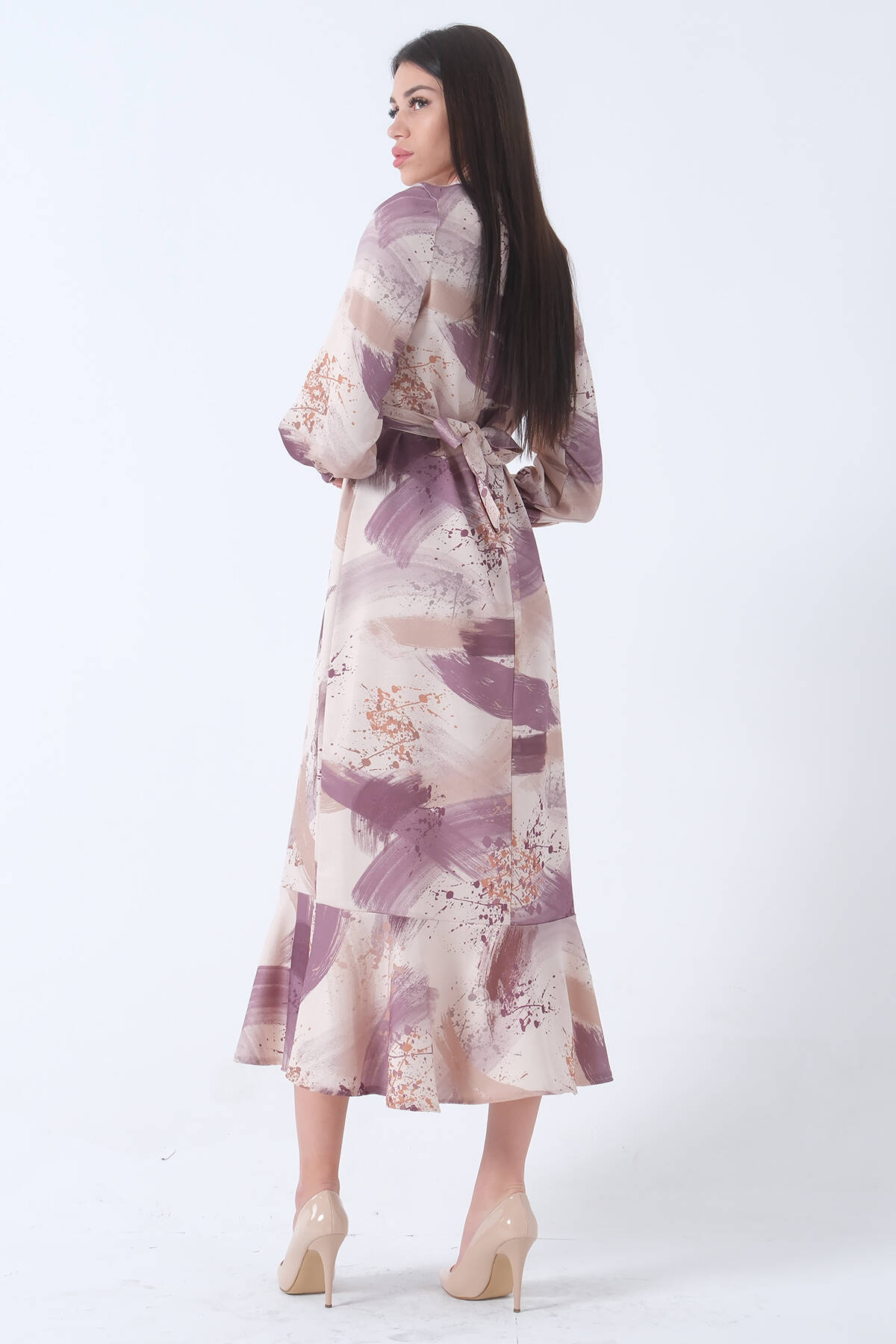 Lavanta Fırça Darbesi Desenli Modern Şık Elbise 0807769.333 - Ardanewline (1)