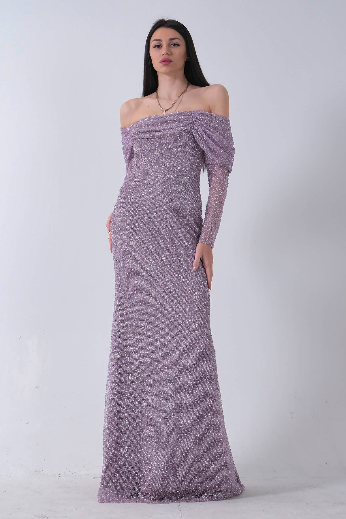 Lavanta Kayık Yaka Simli Uzun Kol Abiye 9705266.333 - Ardanewline