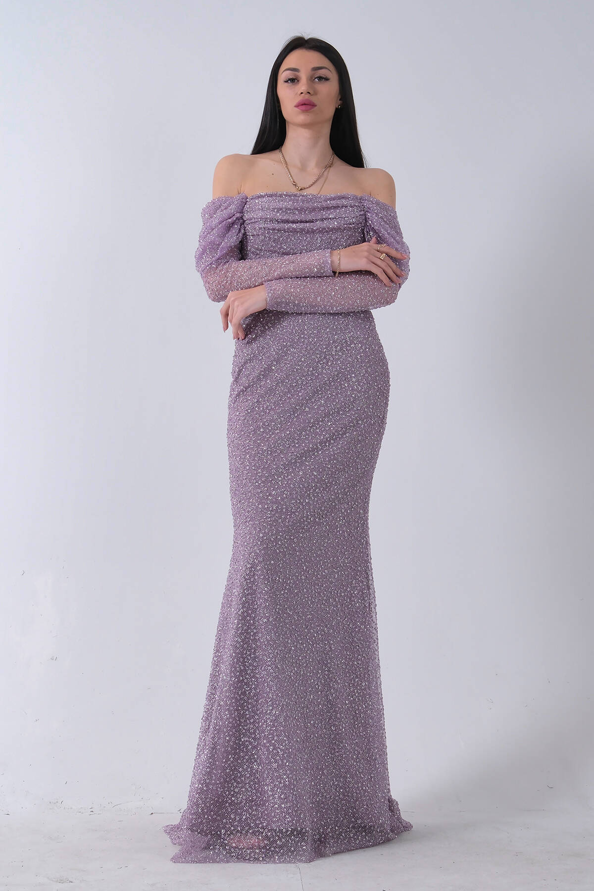 Lavanta Kayık Yaka Simli Uzun Kol Abiye 9705266.333 - Ardanewline (1)