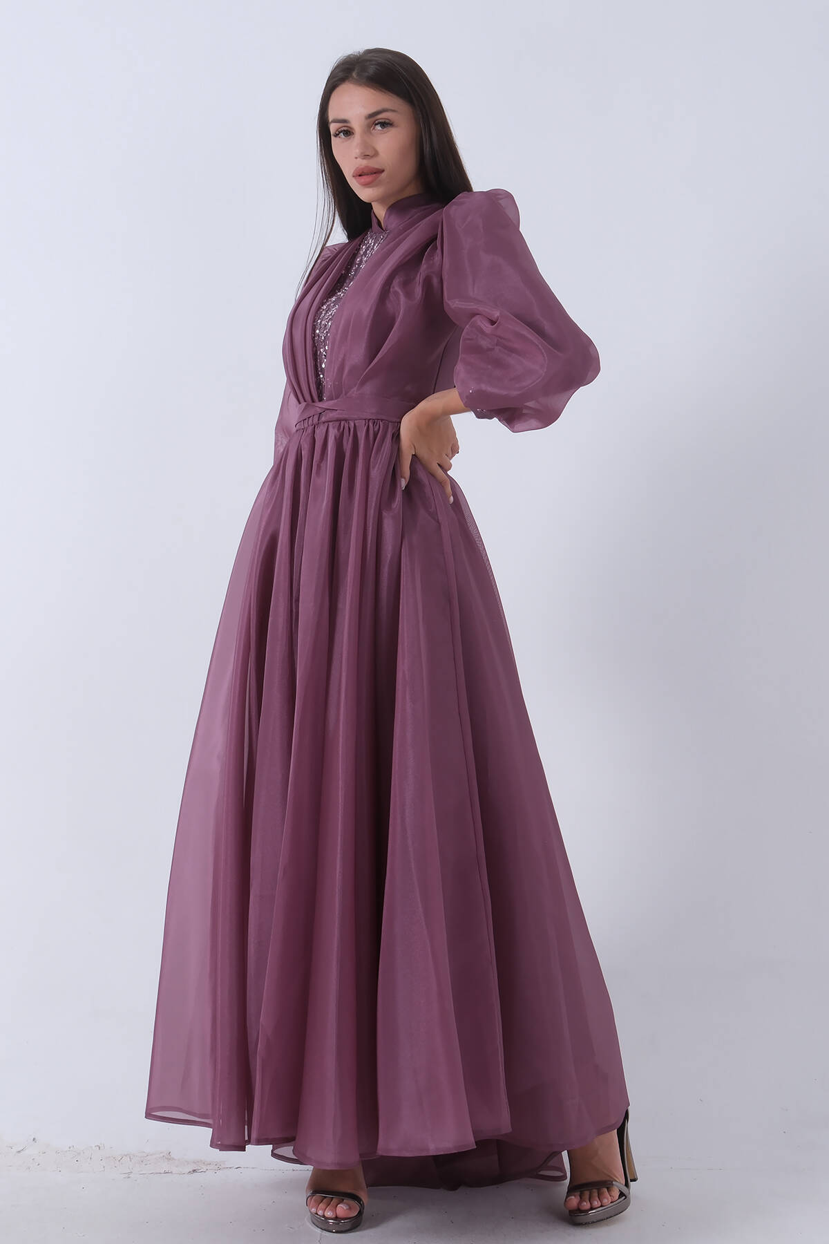 Lavanta Ön Göğüs Taş Detaylı Belden Bağlamalı Astarlı Tesettür Abiye 6502451.333 - Ardanewline