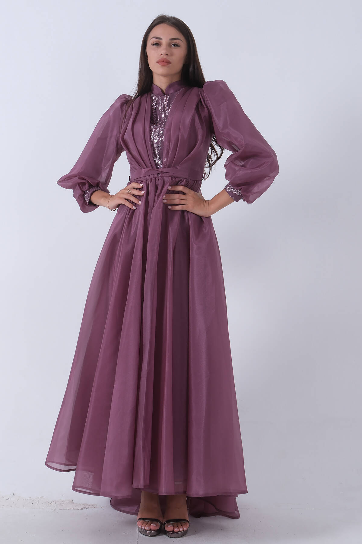 Lavanta Ön Göğüs Taş Detaylı Belden Bağlamalı Astarlı Tesettür Abiye 6502451.333 - Ardanewline (1)