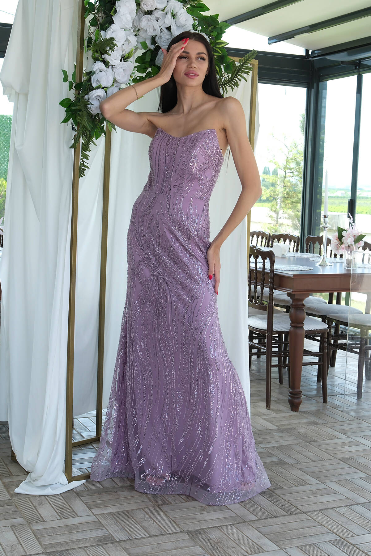 Lavanta Taş İşlemeli Uzun Balık Abiye 0801056.333 - Ardanewline