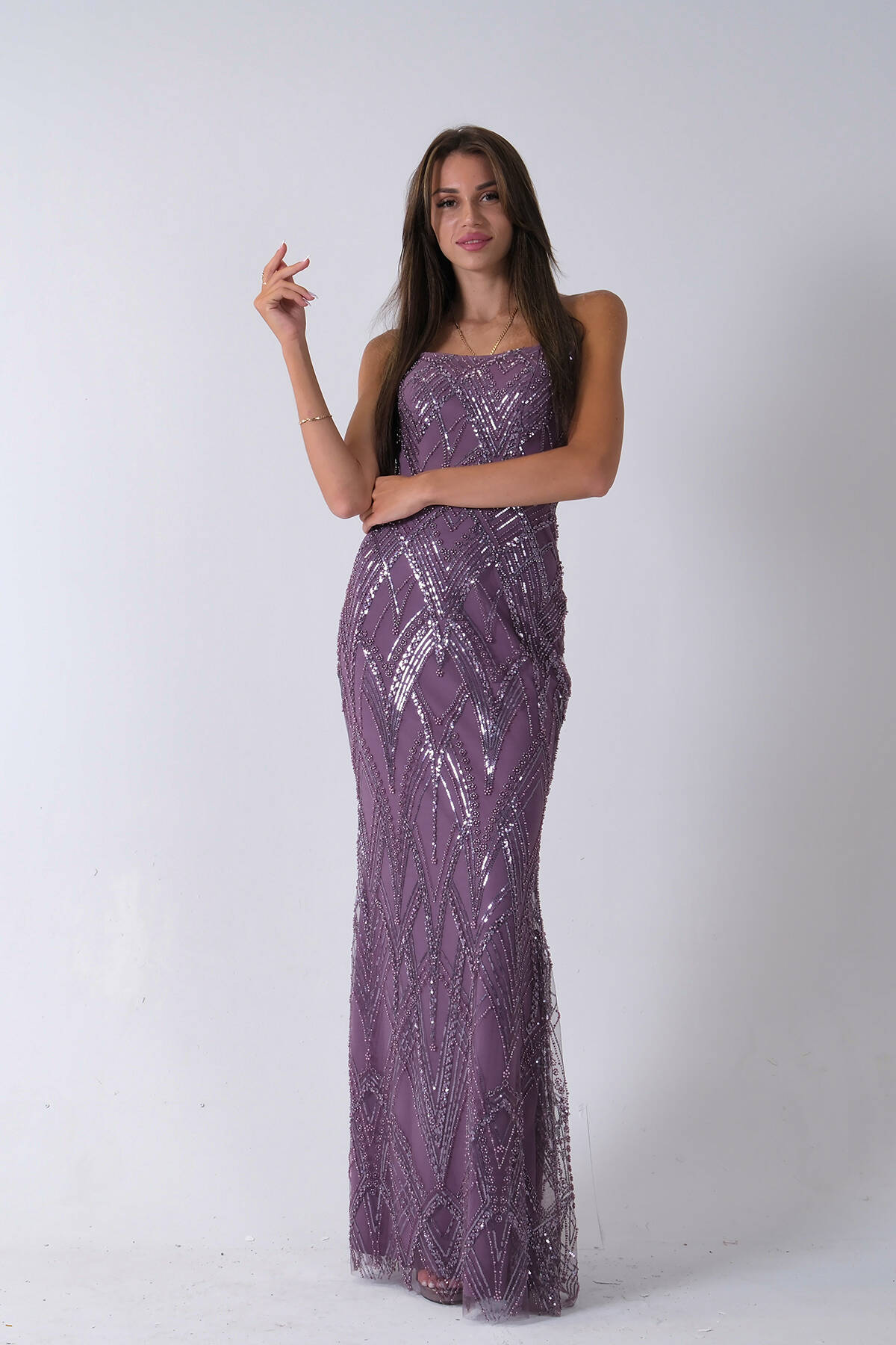 Lavanta Üzeri Taş İşlemeli Sırt Bağlamalı Straplez Abiye 9705498.333 - Ardanewline