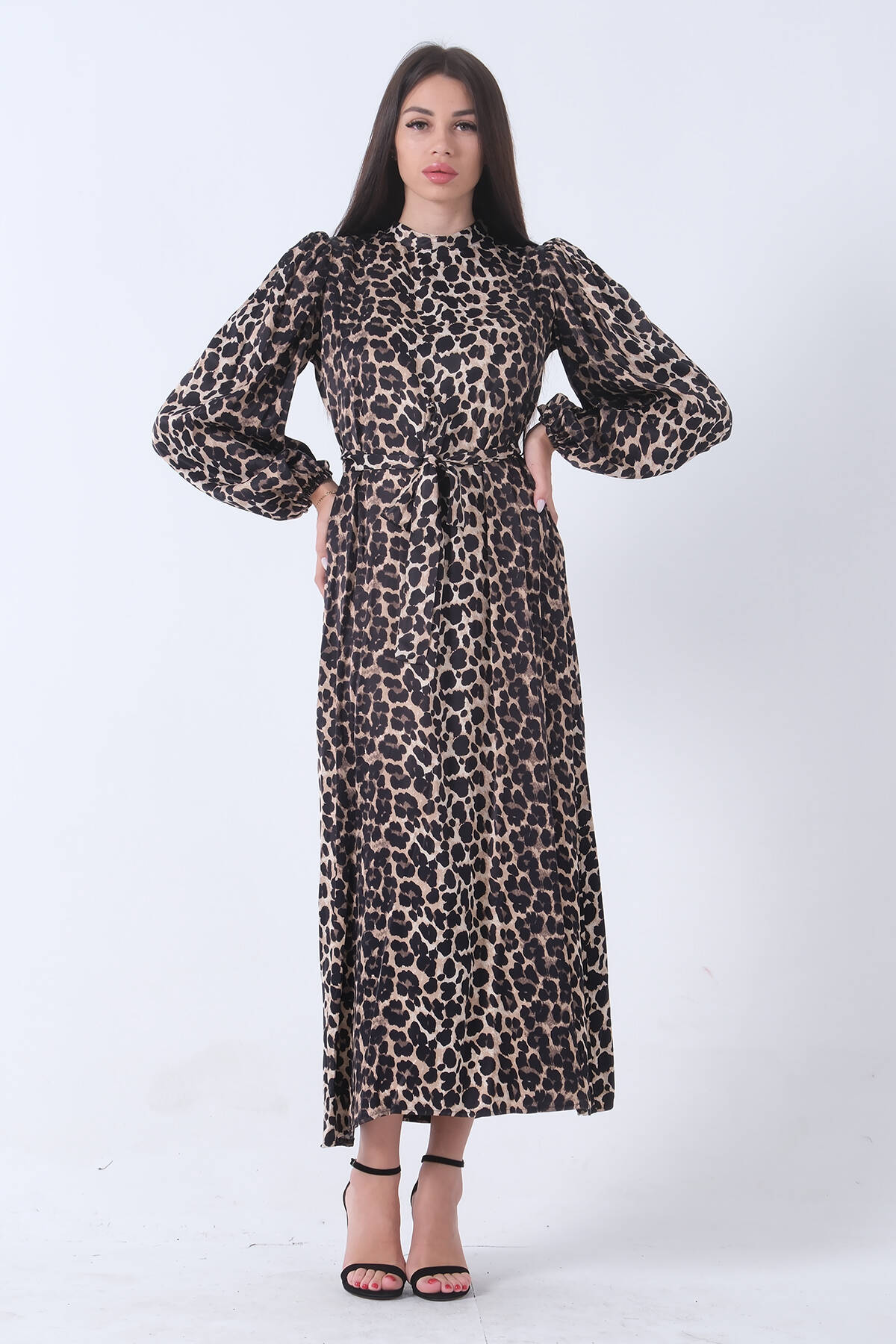Leopar Bileği Lastikli Bel Bağlamalı Leopar Desenli Tesettür Elbise 4673008.53 - Ardanewline (1)