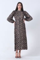 Leopar Bileği Lastikli Bel Bağlamalı Leopar Desenli Tesettür Elbise 4673008.53 - 2