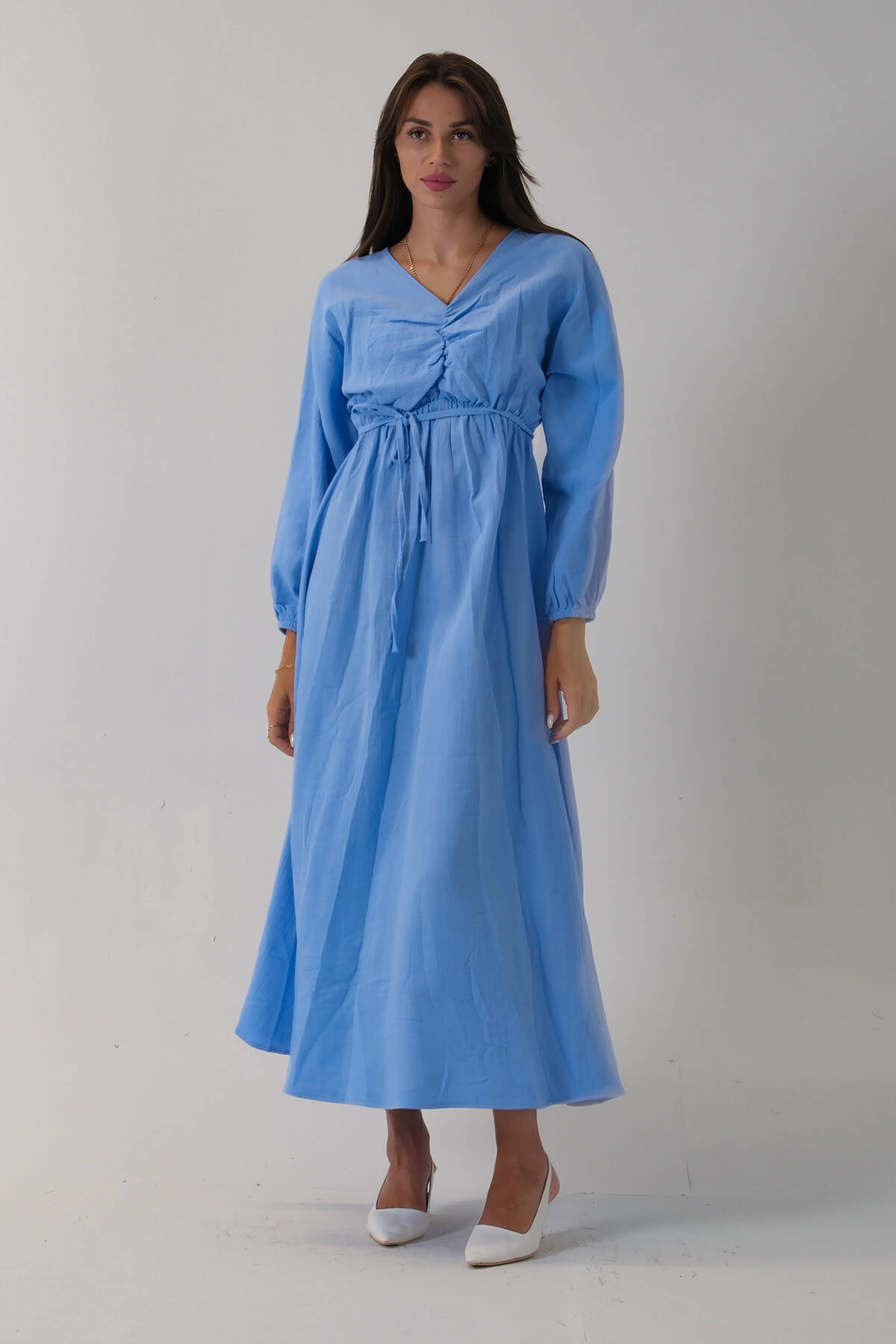 Mavi Beli Lastik Büzgülü V Yaka Bağlamalı Elbise 4593437.16 - Ardanewline