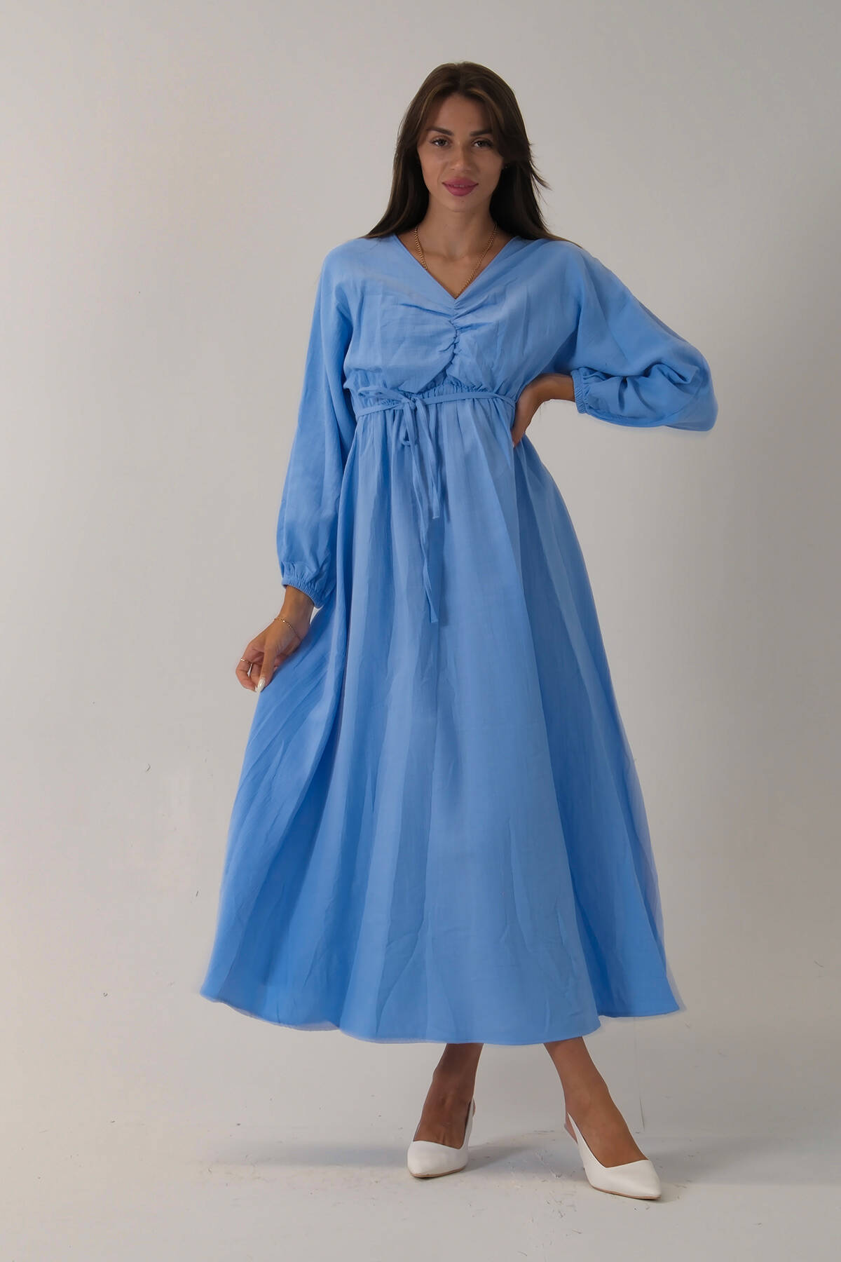 Mavi Beli Lastik Büzgülü V Yaka Bağlamalı Elbise 4593437.16 - Ardanewline (1)