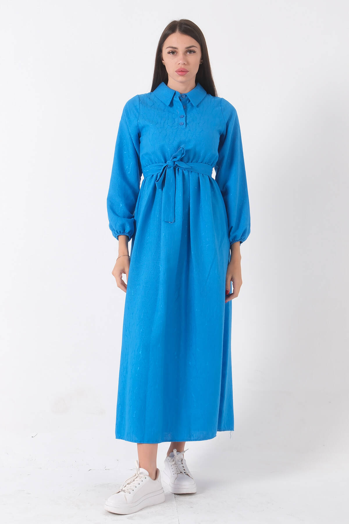 Mavi Beli Lastikli Gömlek Yaka Kuşaklı Tesettür Elbise 4593296.16 - Ardanewline