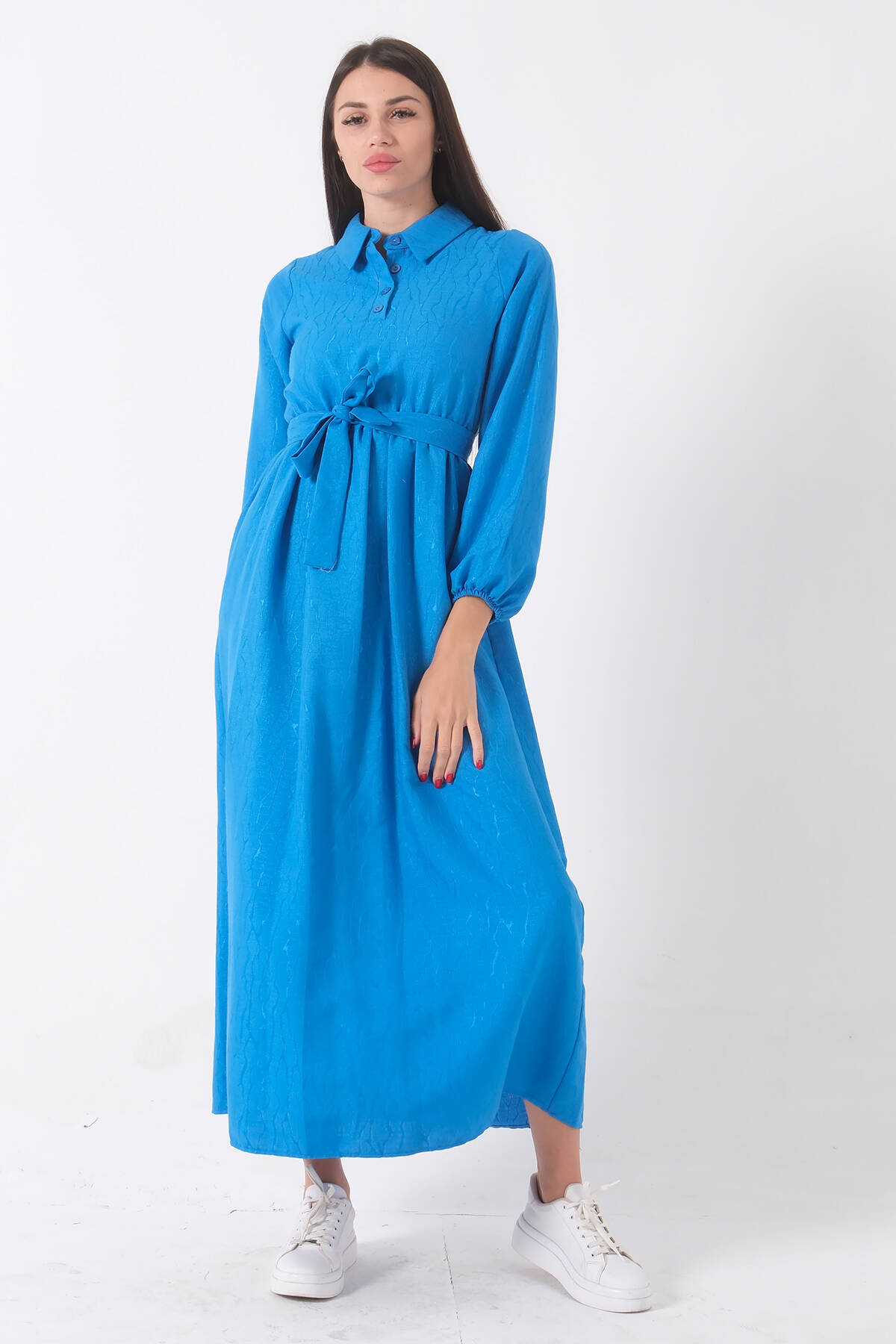 Mavi Beli Lastikli Gömlek Yaka Kuşaklı Tesettür Elbise 4593296.16 - Ardanewline (1)