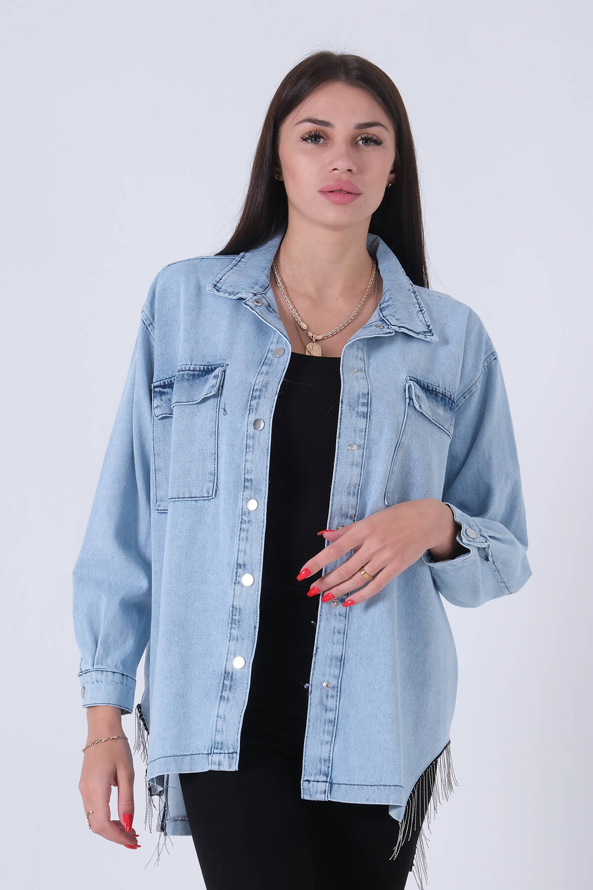 Mavi Çıtçıtlı Zincir Püskül Detaylı Kot Ceket 0806208.16 - Ardanewline (1)