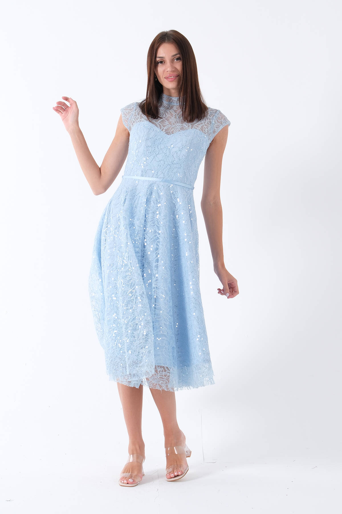 Mavi Dantelli Pullu Midi Boy Abiye 9705960.16 - ArdaNewline