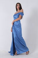 Mavi Drape Detaylı Saten Kumaş Abiye Elbise 9704858.16 - 1