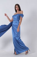 Mavi Drape Detaylı Saten Kumaş Abiye Elbise 9704858.16 - 2