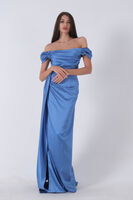 Mavi Drape Detaylı Saten Kumaş Abiye Elbise 9704858.16 - 3
