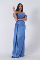 Mavi Drape Detaylı Saten Kumaş Abiye Elbise 9704858.16 - 4