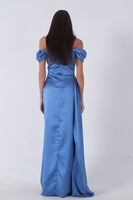 Mavi Drape Detaylı Saten Kumaş Abiye Elbise 9704858.16 - 5