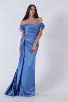 Mavi Drape Detaylı Saten Kumaş Abiye Elbise 9704858.16 - 6