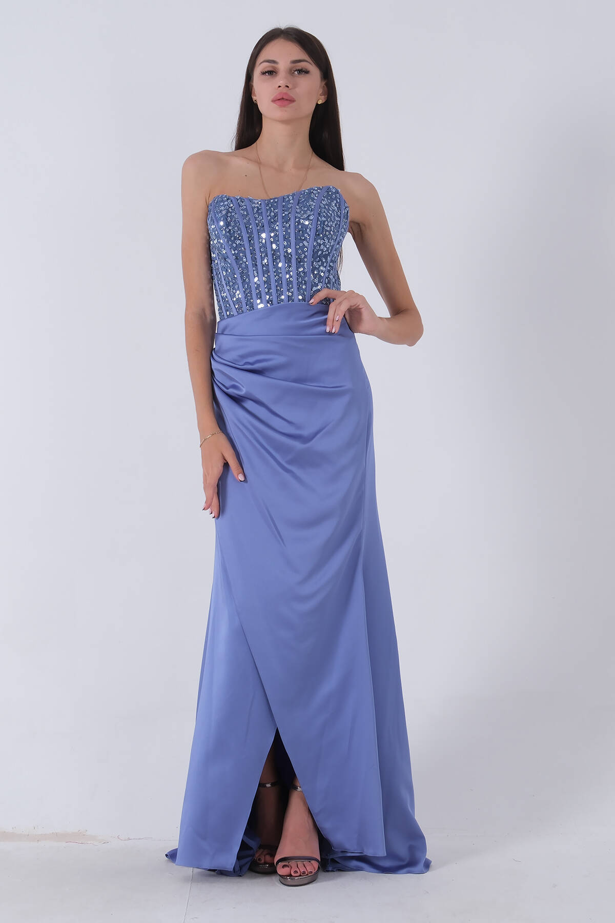 Mavi Göğüs Pul ve Taşlı Saten Abiye 9705294.16 - Ardanewline