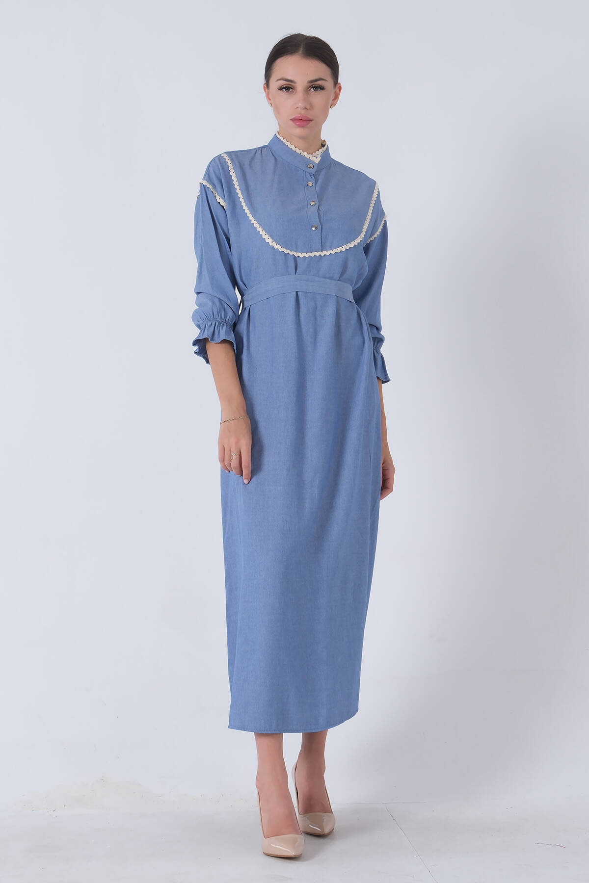 Mavi Önü Dantel Biyeli Tesettür Elbise 0807771.16 - Ardanewline (1)