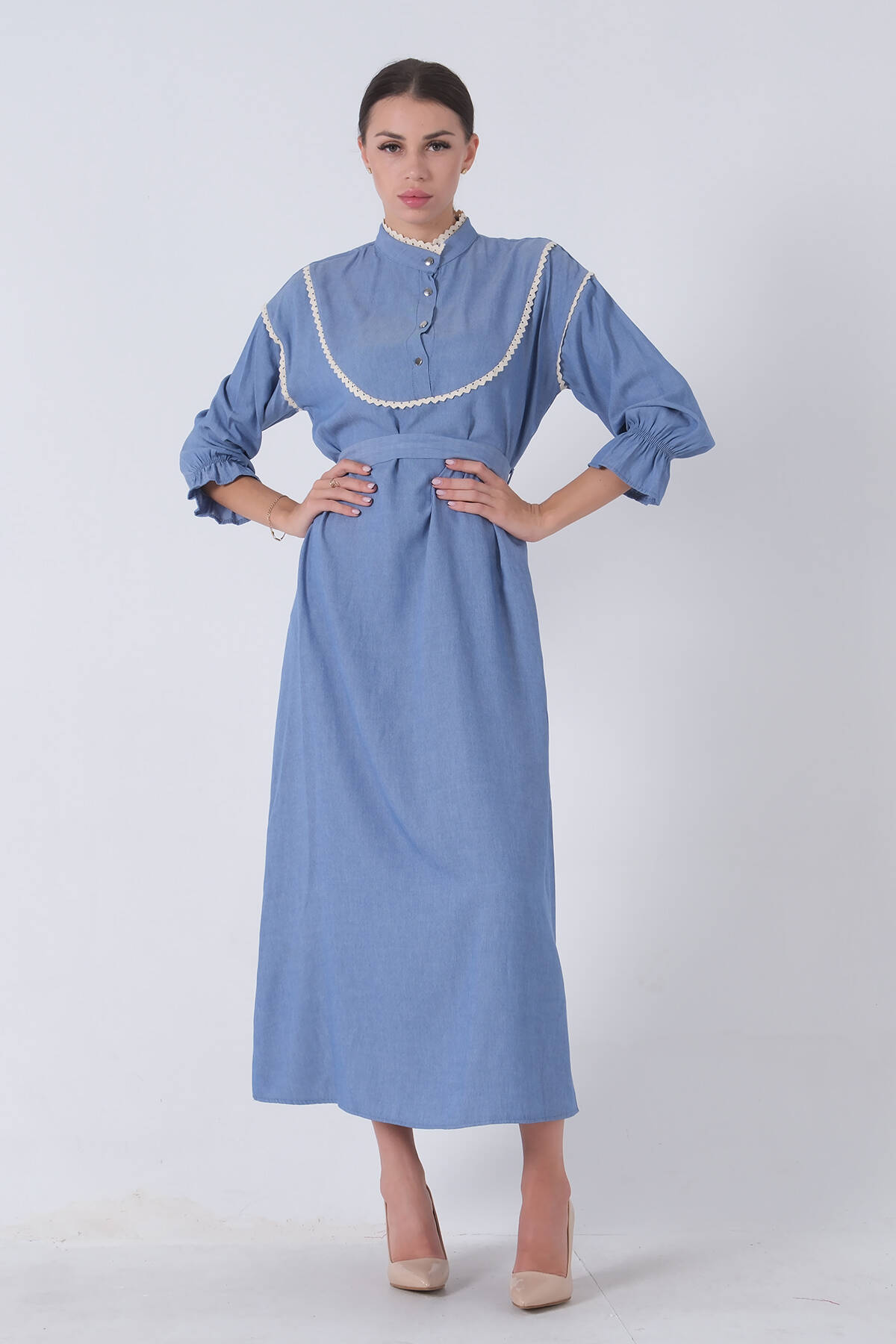 Mavi Önü Dantel Biyeli Tesettür Elbise 0807771.16 - Ardanewline