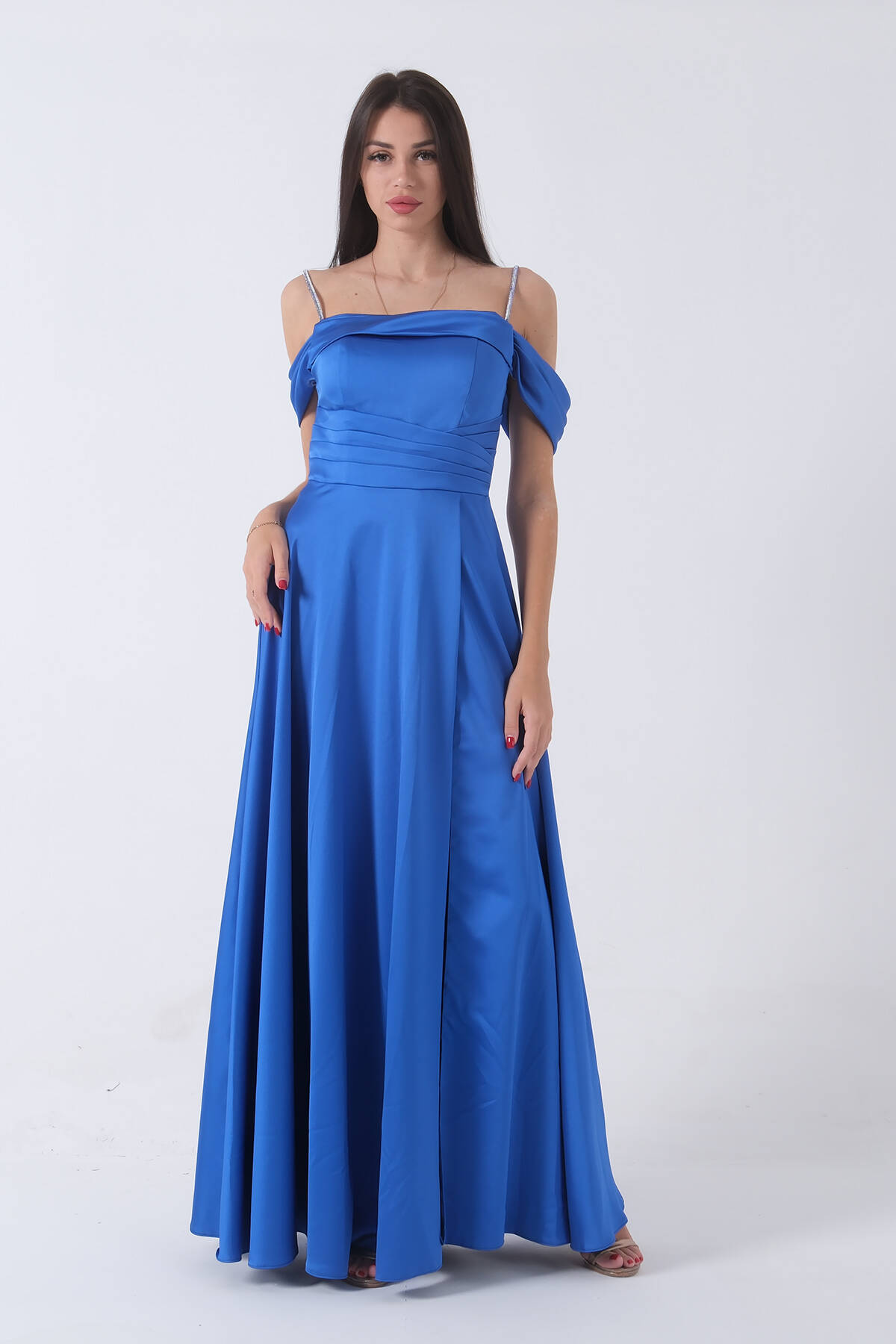 Mavi Taş Askılı Düşük Kol Saten Abiye 0806118.16 - Ardanewline